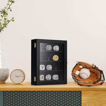 TJ.MOREE Championship Ring Display Case, 12 Ring Posts Baseball Ring Display Case, 8 x 10 Wall Mount Wooden Glass Shadow Box - Black - color: 12 Posts-black-rectangle