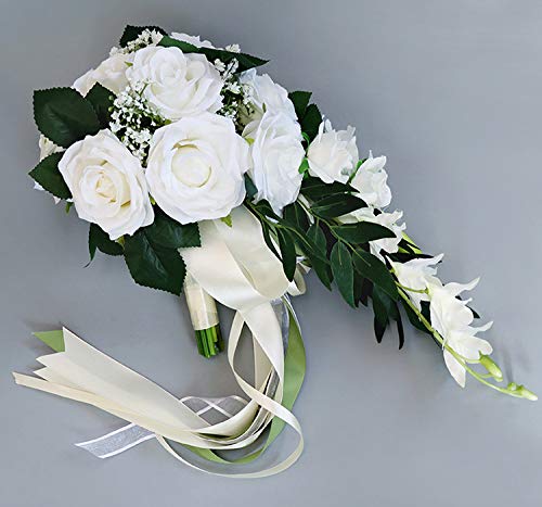 9 Inch Cascading Waterfall Wedding Bouquet for Bride & Bridesmaids, Artificial Rose Flowers Rustic Romantic Tossing Bouquet for Ceremony (White)