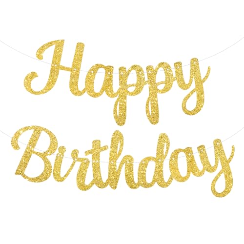 Gold Happy Birthday Banner, Pre-Strung Glitter Gold Birthday Sign, 10 Feet, NO DIY, Happy Birthday Garland for Women Men Birthday Party Decorations Supplies - color: Gold