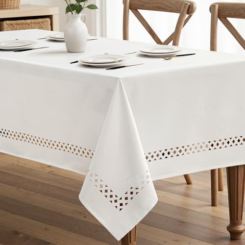 MIULEE White Rectangle Linen Polyester Tablecloth with Decorative Cutouts Spring Waterproof Stain Resistant & Shrink-Proof Table Cloth 52x70 inch Farmhouse Style for Dining and Outdoor Picnics - color: White, size: 70" x 52" (Rectangular)