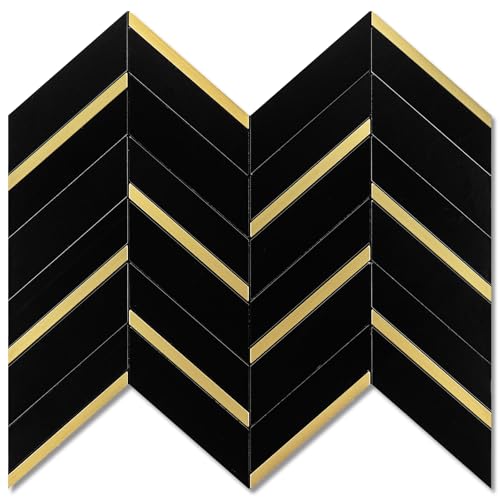 Peel and Stick Backsplash Tile, Black Marble Herringbone with Gold Metal Look, 10 Sheets Self Adhesive PVC Wall Tile, Waterproof & Heat Resistant for Kitchen, Bathroom, RV, Fireplace - color: Black Mixed Gold Metal