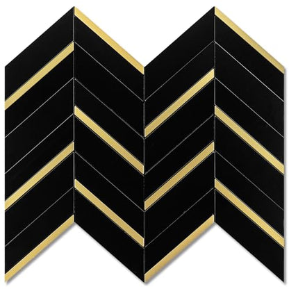 Peel and Stick Backsplash Tile, Black Marble Herringbone with Gold Metal Look, 10 Sheets Self Adhesive PVC Wall Tile, Waterproof & Heat Resistant for Kitchen, Bathroom, RV, Fireplace - color: Black Mixed Gold Metal