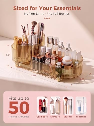 Booklov Rotating Makeup Organizer for Vanity, Large Capacity Cosmetic Display Case, Clear Acrylic Countertop Beauty Storage Holder for Skincare, Brush Eyeshadow Lipstick, Counter Desk, Crystal Amber - color: Crystal Amber, size: L01