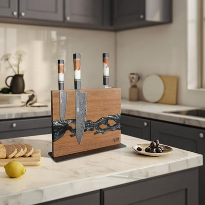 FINDKING Magnetic Knife Block, Double-Sided Knife Holder with Strong Magnets, Acacia Wood and Black White Resin, Countertop Kitchen Knife Storage Stand (12 × 10 Inches, Without Knives) - color: Black White