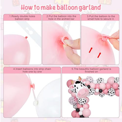 Amandir 115PCS Pink Cow Party Decorations - Balloon Garland Arch Kit with Cow Print Balloons, Happy Birthday Banner, Cake Topper for Girl Baby Shower, Farm Animals Themed Birthday Party Supplies