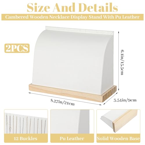 2 PCS Cambered Wooden Necklace Display Stand with PU Leather Soft Mat Jewelry Display Holder for Vendors Home Boutique Countertop Pendant Chain Chokers Organizer (White)