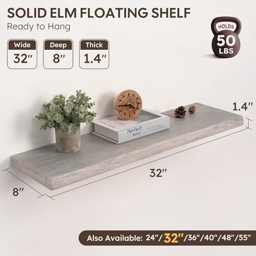 Live Edge Floating Shelves Set of 2, 32 Inch Solid Elm Wood Wall Shelves - Invisible Bracket Mount for Living Room, Bedroom, Kitchen, Bathroom | Weathered Gray - color: Driftwood Gray, size: 32"L, 2-Pack