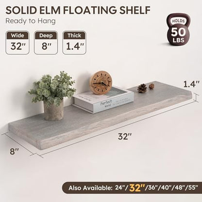 Live Edge Floating Shelves Set of 2, 32 Inch Solid Elm Wood Wall Shelves - Invisible Bracket Mount for Living Room, Bedroom, Kitchen, Bathroom | Weathered Gray - color: Driftwood Gray, size: 32"L, 2-Pack
