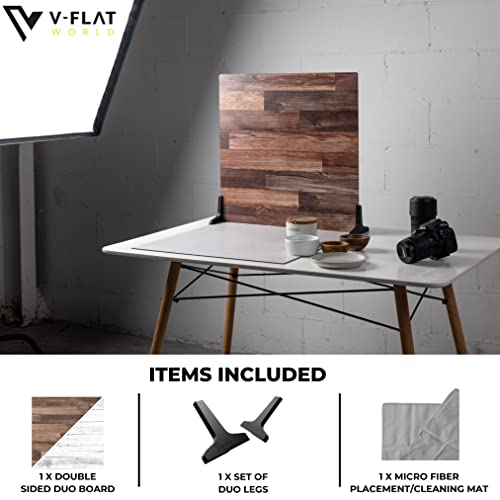 V-FLAT WORLD Duo Board Product Photography Backdrops - 2-Sided Background for Photograph, Realistic Item & Food Photography Background - Includes 2 Legs & Mat - 24" x 24", Whitewash/Hickory Planks - color: Whitewash/Hickory Planks, size: 24 x 24 inches