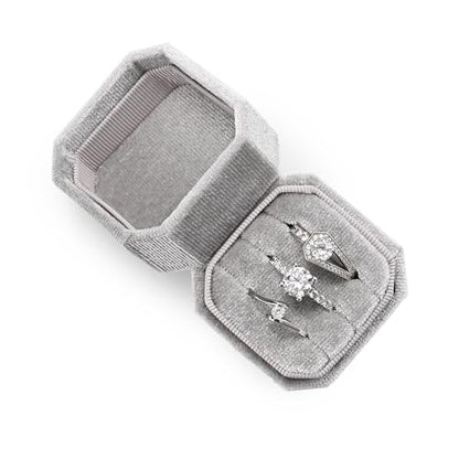 3 Slots Ring Box Velvet Ring Gift Box Wedding Day For Proposal, Engagement, Wedding, Mother's Day, Valentine's Day (Gray) - color: Grey