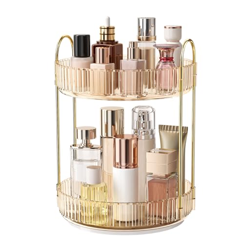 360° Rotating Makeup Organizer, Large Capacity Skincare Organizer, 2 Tier Cosmetic Skin Care Perfume Dresser Organizer, Fits Cosmetics, Perfume, Skin Care, Lipstick - color: Golden, size: 2 Tier