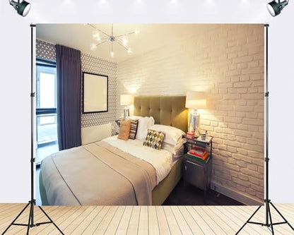 Trykid 8x6ft White Brick Bedroom Backdrop Modern Cozy Neutral Tone Home Photography Background Urban Apartment Decor Party Decoration Tapestry Photo Booth Prop Fabric - size: 8x6ft