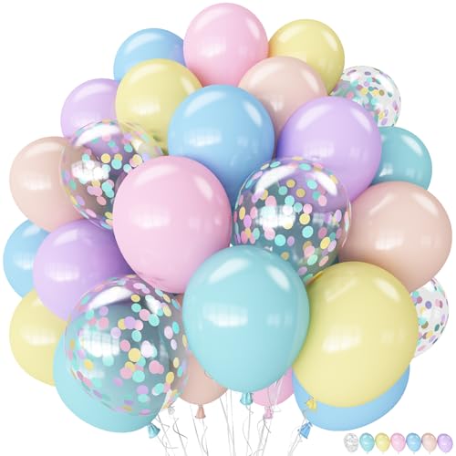 Pastel Balloons, 12 Inch Rainbow Macaron Pink Blue Teal Yellow Purple Apricot Assorted Balloon whit Colorful Confetti Clear Balloon for Easter Birthday Bridal Baby Shower Wedding Tea Party Decor - color: Blue Yellow Pink Purple