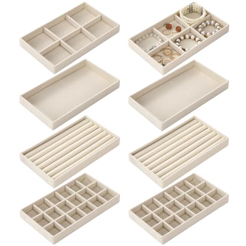 Highergo 8 Pcs Velvet Jewelry Trays Stackable Drawers Organizer Ring Earring Bracelet Necklace Storage Trays, 8.3x4.7x1''(Mixed Style) - style: Mixed Style