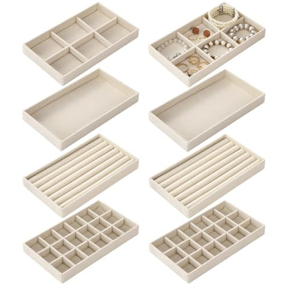 Highergo 8 Pcs Velvet Jewelry Trays Stackable Drawers Organizer Ring Earring Bracelet Necklace Storage Trays, 8.3x4.7x1''(Mixed Style) - style: Mixed Style