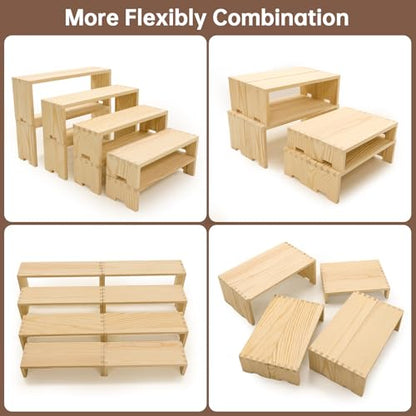 Yikaroeli 2 Set Large Wood Display Risers Wooden Riser Stands for Table Display Cupcake Stand Display Shelf 4Tiered 8Pcs Racks For Dessert Food Stands
