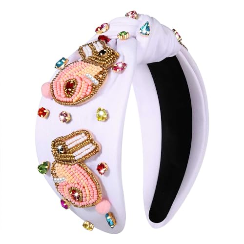 NVENF Easter Headbands for Women Beaded Easter Rabbit Bunny Headband White Pink Crystal Pearl Knotted Hairband Happy Accessories Spring Holiday Headwear Outfits Gifts (Bunny D - White) - color: Bunny D - White