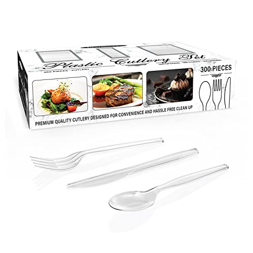 Party Essentials Medium Weight Plastic Cutlery Combo Set, Includes Knives/Forks/Spoons, 300 Pieces/100 Place Settings, Clear - color: Clear