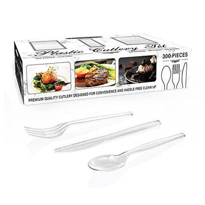 Party Essentials Medium Weight Plastic Cutlery Combo Set, Includes Knives/Forks/Spoons, 300 Pieces/100 Place Settings, Clear - color: Clear