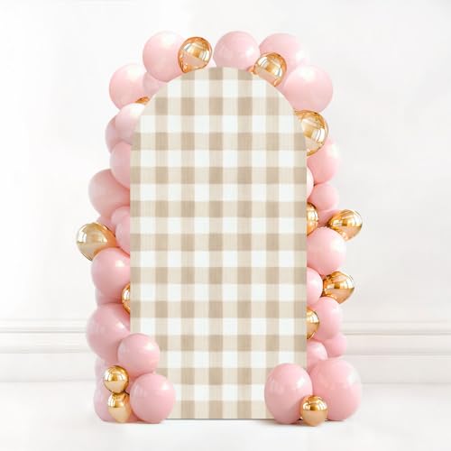 6.6FT Wedding Arch Backdrop Cover Beige Gingham Seamless Pastel Check Plaid Beige White for Spandex Fitted Fabric Round Top Stretchy Stand Covers for Baby Shower Birthday Party Decoration - color: Color1, size: 6.6x3.3 FT