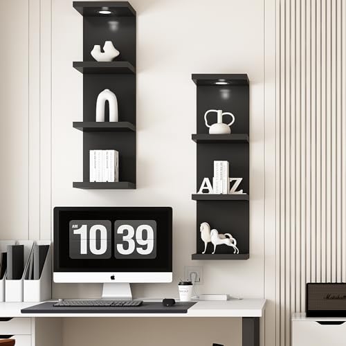 LitaEther Versatile 4 Tier Wall Shelf Unit,Black Lack Wall Shelf,Display Floating Shelf with LED Remote Control Light - color: Black, size: 4 Tier