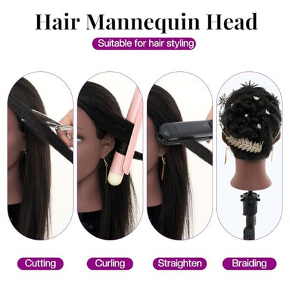 20 Inch Mannequin Head Human Hair with Stand,100% Real Hair Mannequin Head for Braiding,Cosmetology Manikin Doll Head for Styling with Mannequin Head Stand Table Clamp Hair Braiding Set - color: light grey