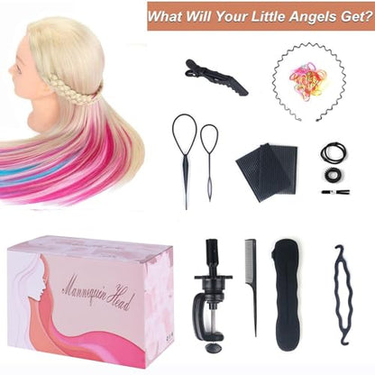 Beauty Star 29" Colorful Mannequin Head with 100% Syntheic Hair, Doll Head for Hair Styling and Braiding Practice, Professional Bride Cosmetology Training Manikin Head with Clamp Stand Updo Kit - color: Colorful
