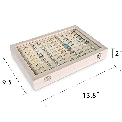Frebeauty Ring Organizer Tray 100 Slots Ring Holder with Clear Lid Velvet Storage Box Jewelry Tray for Jewelry Store Earring Display Case for Jewelry Show Studs Box for Women(Beige) - color: Beige