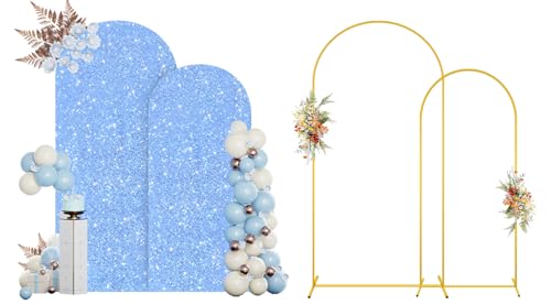 MODFUNS Metal Arch Backdrop Stand and Cover 6&7.2ft Baby Blue Glitter Arch Cover Set of 2 Gold Arch Stand with Covers Double Sided Sequins Arch Covers for Wedding Ceremony Birthday Party Decoration - color: Light Blue, size: 6&7.2FT-Set