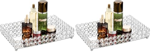 Hedume Crystal Cosmetic Mirrored Makeup Tray, 12.3" x 8", Large Jewelry Organizer, Ornate Decorative Vanity Tray for Dresser, Countertop, Wedding, Home, Bathroom (Pack of 2) - size: 12.3" x 8" x 2.3" (Pack of 2)
