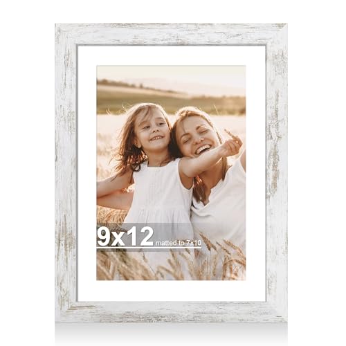Hongkee 9x12 Picture Frame with Glass, Display Pictures 7x10 with Mat or 9 x 12 without Mat - Wall and Tabletop, 9 by 12 Photo Wooden Frames (Distressed White, 1 Pack) - color: Distressed White, size: 9X12 in