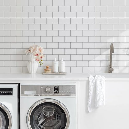 Vamos Tile 100-Piece Glossy Pure White Peel and Stick Backsplash Tile,3''x6'' PVC Subway Tile with Dark Gray Grout,Stick on Backsplash for Kitchen/Bathroom/Fireplace - color: Pure White
