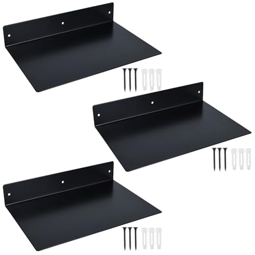 RealPlus Metal Floating Shelf Wall Mounted (12 inch x 8 inch) Heavy Duty Industrial Modern Steel Display Shelves, Black (Pack of 3) - color: Black (Pack of 3), size: 12"W x 8"D
