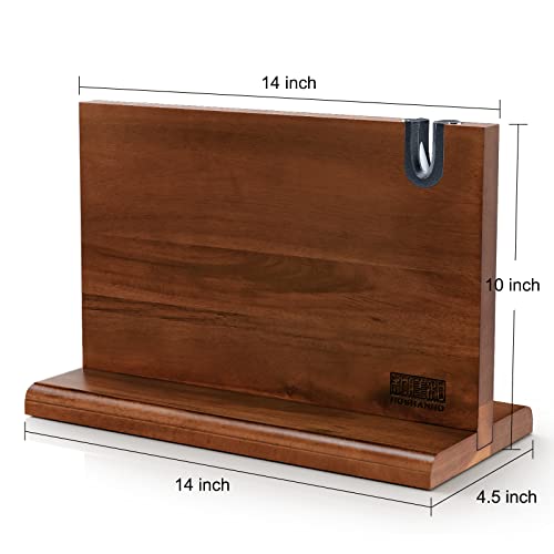 HOSHANHO Magnetic Knife Block 14 x 10 Inches, Double Sided Magnetic Knife Holder Rack for Kitchen Counter, Acacia Wood Magnetic Knife Storage Stand with Knife Sharpener - size: 14*10*4.5 inch