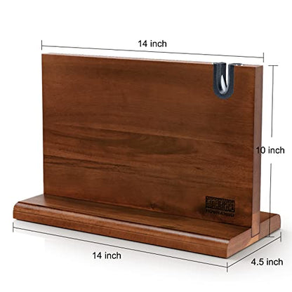 HOSHANHO Magnetic Knife Block 14 x 10 Inches, Double Sided Magnetic Knife Holder Rack for Kitchen Counter, Acacia Wood Magnetic Knife Storage Stand with Knife Sharpener - size: 14*10*4.5 inch