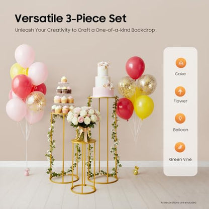 Cylinder Stands for Party, 3Pcs Gold Round Pedestal Stand, Metal Cake Stands for Birthday Party Wedding Baby Shower Decor