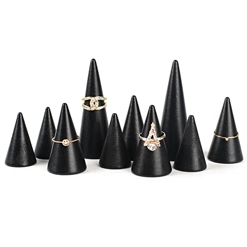 Black Wood Cones, 10Pcs 3 Different Sizes Wood Cone Rings Holder Jewelry Display Stand Vertical Shaped Wooden Cones for Girls Women DIY Craft - color: Black