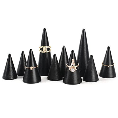 Black Wood Cones, 10Pcs 3 Different Sizes Wood Cone Rings Holder Jewelry Display Stand Vertical Shaped Wooden Cones for Girls Women DIY Craft - color: Black