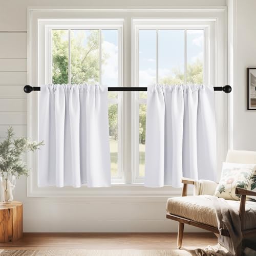 PONY DANCE Short Curtains for Bathroom - Solid 50% Light Block Drapes for Bedroom, RV Curtains for Camper Windows,Cafe Window Decor, W 29 x L 24, Pure White, 1 Pair - color: Pure White, size: 29"W x 24"L (Pack of 2)