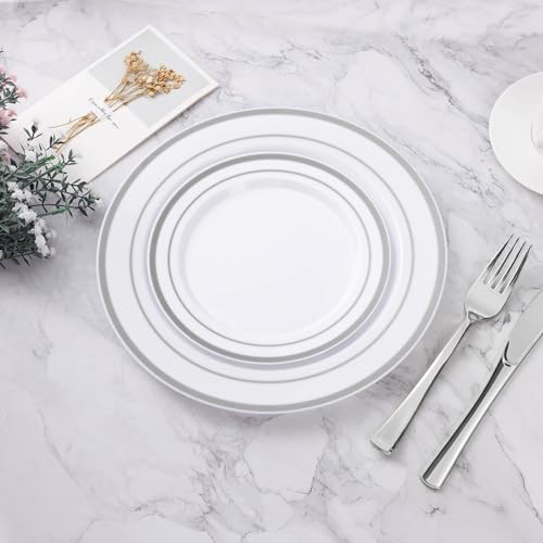 BESTVIP 50PCS Silver Plastic Plates, 10.25 Inch Disposable Dinner Plate Party with Silver Rim, Heavy Duty Disposable Plastic Plates for Christmas, Thanksgiving, Party, Wedding and Birthday - color: Silver, size: 50PC