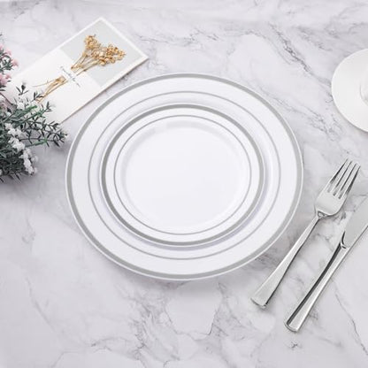 BESTVIP 50PCS Silver Plastic Plates, 10.25 Inch Disposable Dinner Plate Party with Silver Rim, Heavy Duty Disposable Plastic Plates for Christmas, Thanksgiving, Party, Wedding and Birthday - color: Silver, size: 50PC
