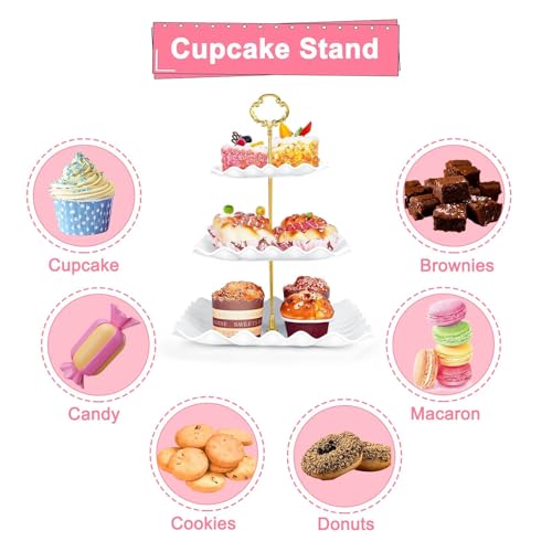 5 Pcs Dessert Table Display Set - 2 Pcs 3-Tier Dessert Display Stands & 3 Pcs Serving Tray - Dessert Trays Dessert Stands Treat Table Displays Set for Tea Parties,Birthdays & Baby Showers - color: White