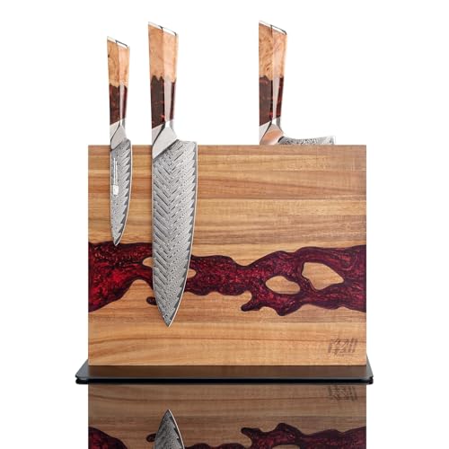 FINDKING Magnetic Knife Block, Double Sided Holder, Powerful Magnet Kitchen Storage, Acacia Wood and Red Resin (12 x 10 Inches, Without Knives) - color: Red