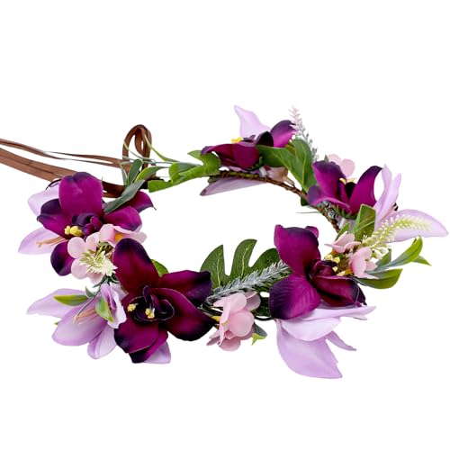 Hawaiian Flower Hair Accessories, Purple Hawaii Flower Crown, Artificial Tropical Floral Headpiece, Lei Hula Costume Hair Accessories for Women Girls Beach Vacatio Party Decorations Supplies - color: Purple