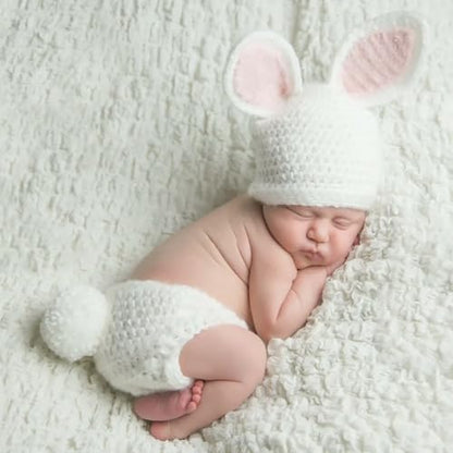 ForBaysy Newborn Photography Props Boy Girl Crochet Bunny Costume Set Baby Photo Shoot Outfits with Rabbit Ear Hat - color: White Bunny Outfits