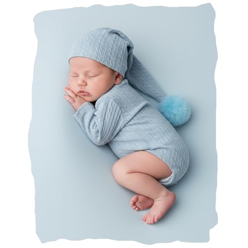 Newborn Photography Props, Infant Photoshoot Outfit Romper & Pom Pom Hat for Baby Boys Girls - color: Light Blue