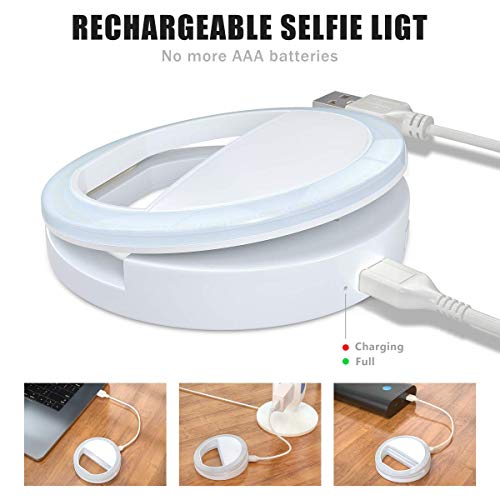 Meifigno Selfie Ring Light, [Rechargeable] with 36 LED Lights, 3-Level Adjustable Brightness Clips On Phone Ring Light Compatible with iPhone 16 15 14 13 12 11 Plus Pro Max iPad Laptop Samsung, White