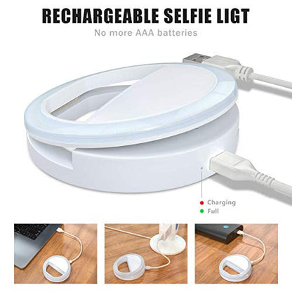 Meifigno Selfie Ring Light, [Rechargeable] with 36 LED Lights, 3-Level Adjustable Brightness Clips On Phone Ring Light Compatible with iPhone 16 15 14 13 12 11 Plus Pro Max iPad Laptop Samsung, White