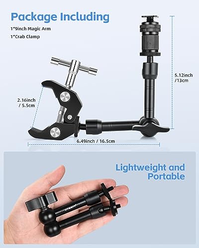 UTEBIT 9 inch Magic Arm with Super Clamp, 360° Ball Heads with 1/4" & 3/8" Threads Screws Articulating Magic Arm Camera Mount for Monitor, Flash, LED Light, Microphone, Camera Cage, Action Camera - size: 9inch