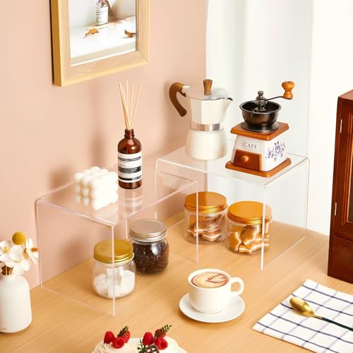 RattanView 2 Pcs 9 x 6 x 6 Inch Large Acrylic Risers Display Stands 5 mm Thick Acrylic Shelf Riser Showcase for Bookshelf Collectibles Jewelry Cupcakes Food Figures Perfume Cabinet (Clear) - color: Clear, size: 9 x 6 x 6 Inch, 5 mm